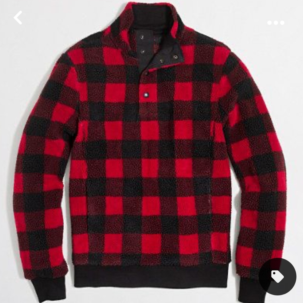 SOLD J.CREW Sweater Pullover Buffalo Plaid Check Fleece Shearling Sherpa Snap